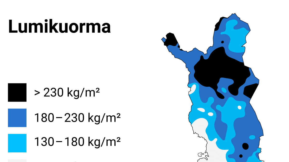 Grafiikka kuvaa lumikuorman määrää Suomessa. Vain pohjoisessa on runsaasti lumikuormaa. Keski-Suomessa lumikuorma on 5–130 kg/m². Etelä-Suomessa lumikuorma jää alle 5 kg/m². Grafiikan lähde: Suomen ympäristökeskus, 11.2.2020.