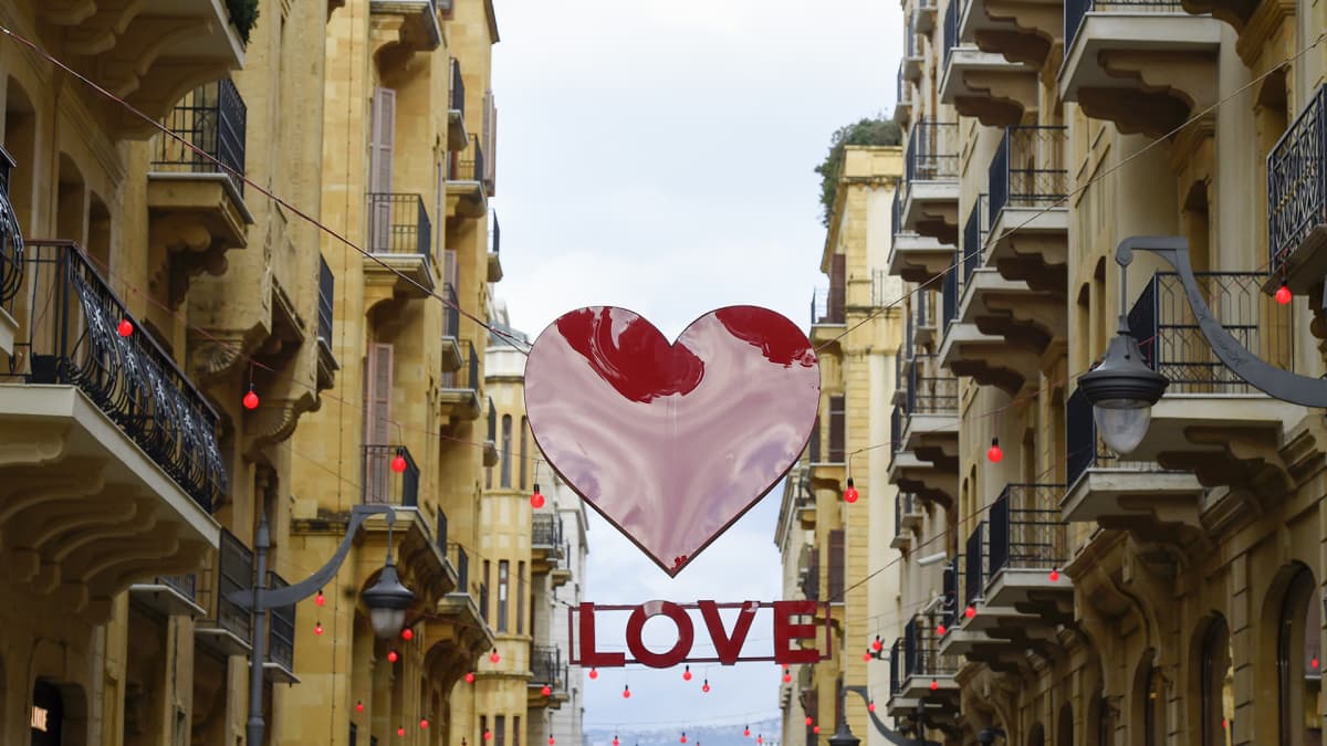 Signs of Valentine's Day decorate a shopping district in downtown Beirut, Lebanon, 10 February 2020. 
