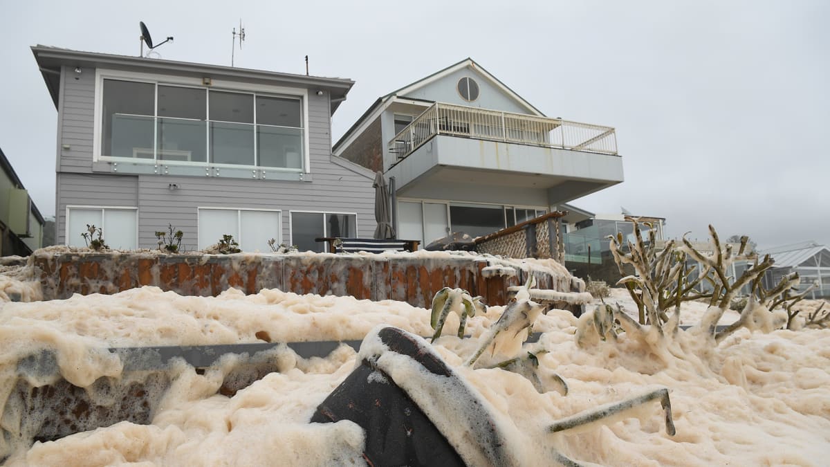 Sea foam brought by waves after heavy rain and storms at Collaroy in Sydney, Australia, 10 February 2020. Waterlogged parts of New South Wales are suffering their worst floods in years with heavy rains and damaging winds forecast to lash the state again today. 