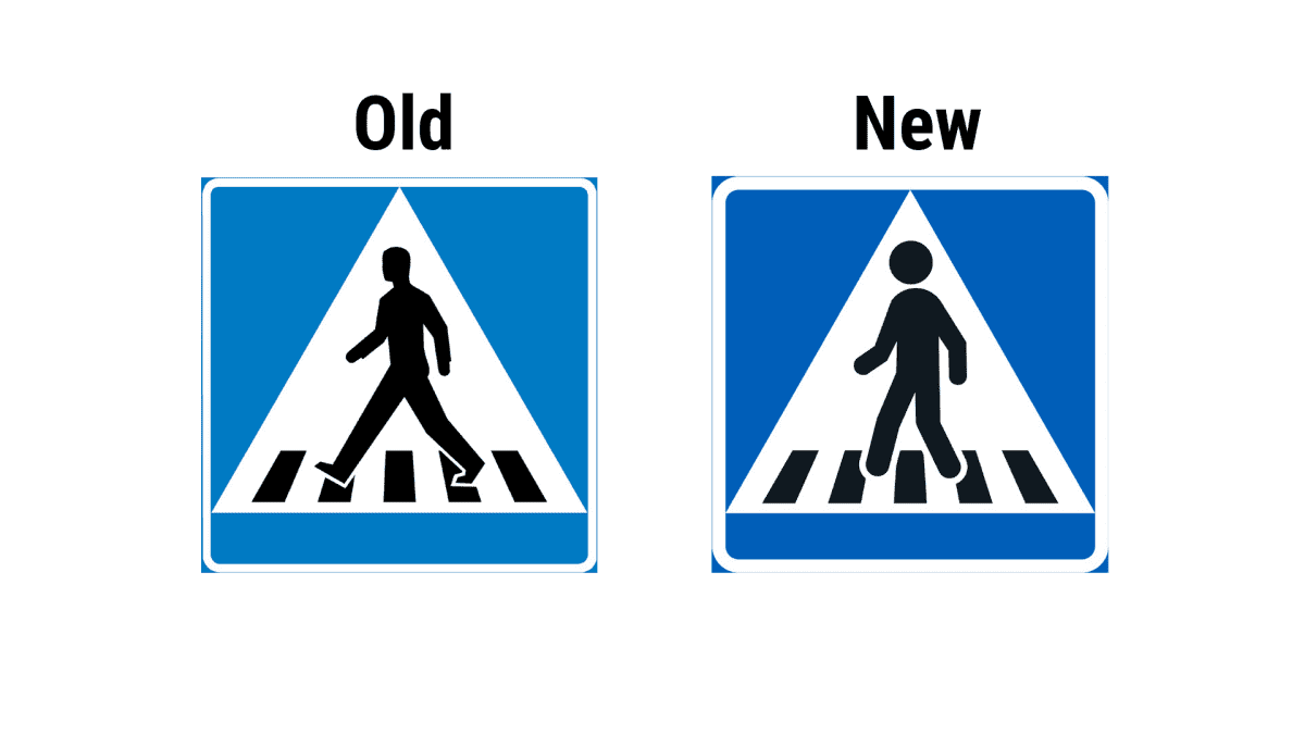 Old and new sign for pedestrian crossing