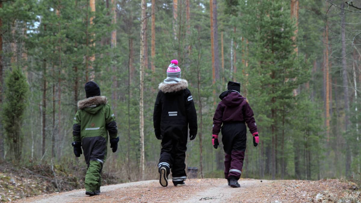 Lapsia metsässä kävelemässä.