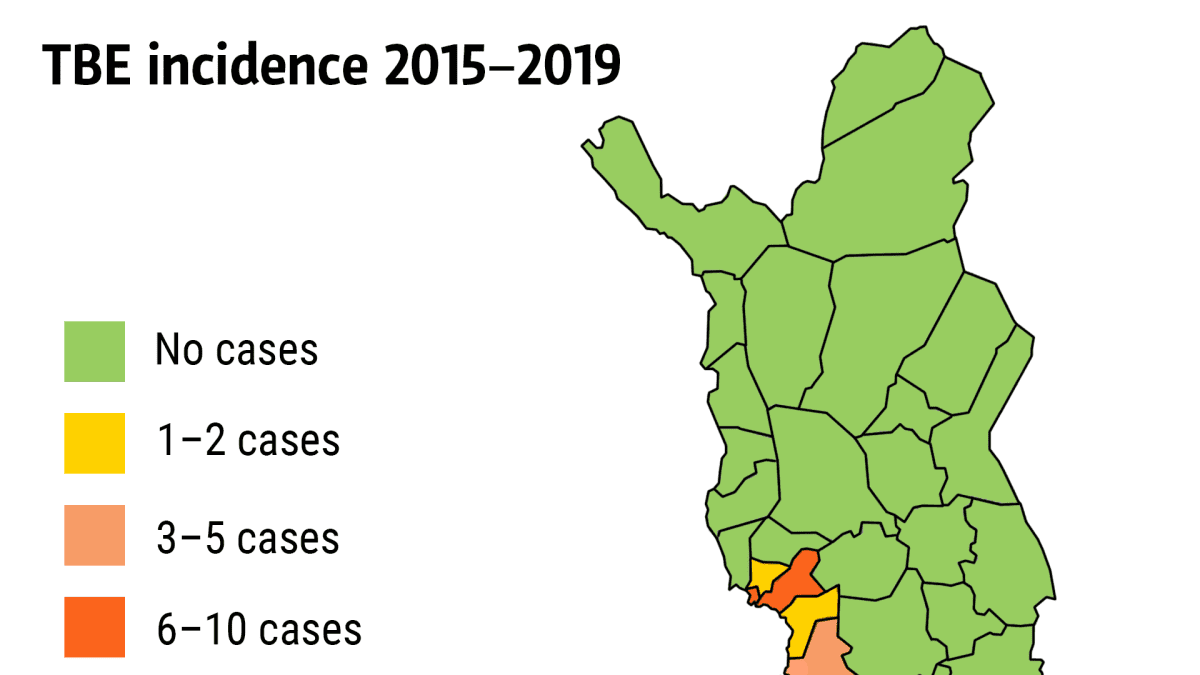 TBE incidence 2015-2019

No cases

1-2 cases

3-5 cases

6-10 cases

11-70 cases

Source: THL
