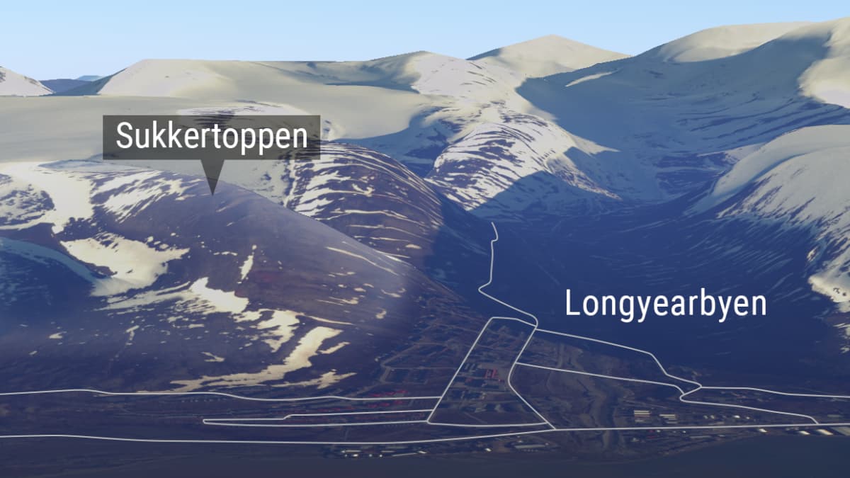 Kartta Sukkertoppen-vuoren sijainnista Longyearbyenin kylässä Huippuvuorilla.