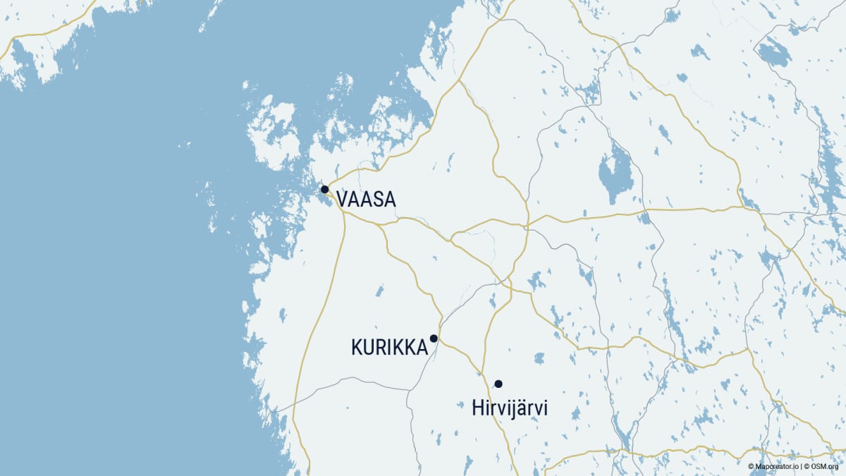 Kurikka, Hirvijärvi ja Vaasa karttaan merkittynä Pohjanmaalla