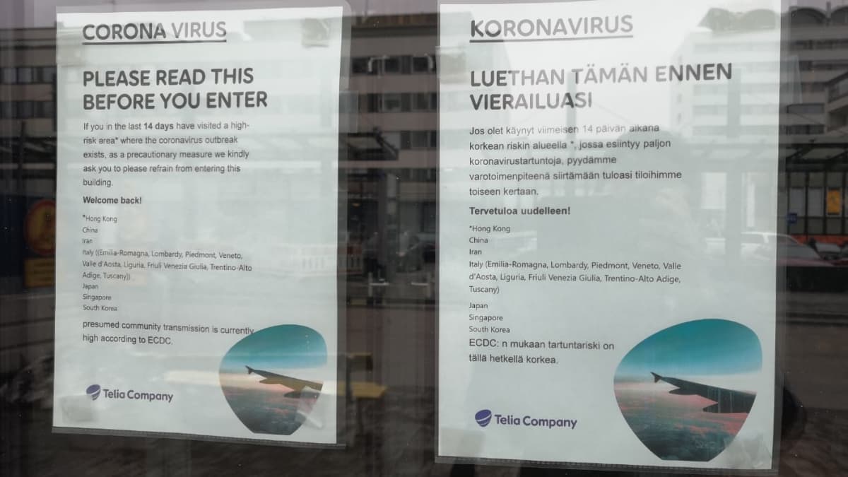 Jyväskylässä Telian oveen on ilmestynyt lappu, jossa toivotaan etteivät  työntekijät ja vierailijat tule sisätiloihin, jos ovat oleskelleet  hiljattain koronaviruksen riskialueilla