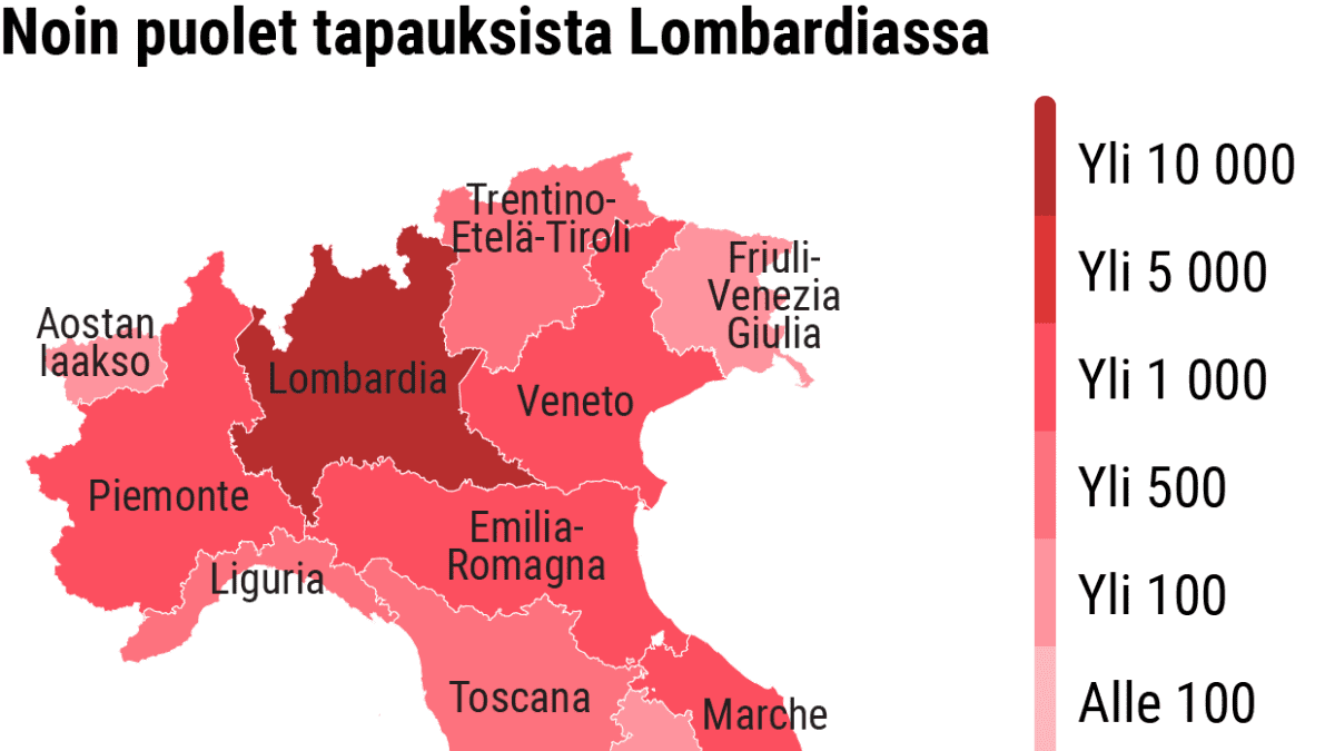 Infokartta koronavirukseen sairastuneiden varmistuneiden tapausten määrästä Italiassa maakunnittain.
