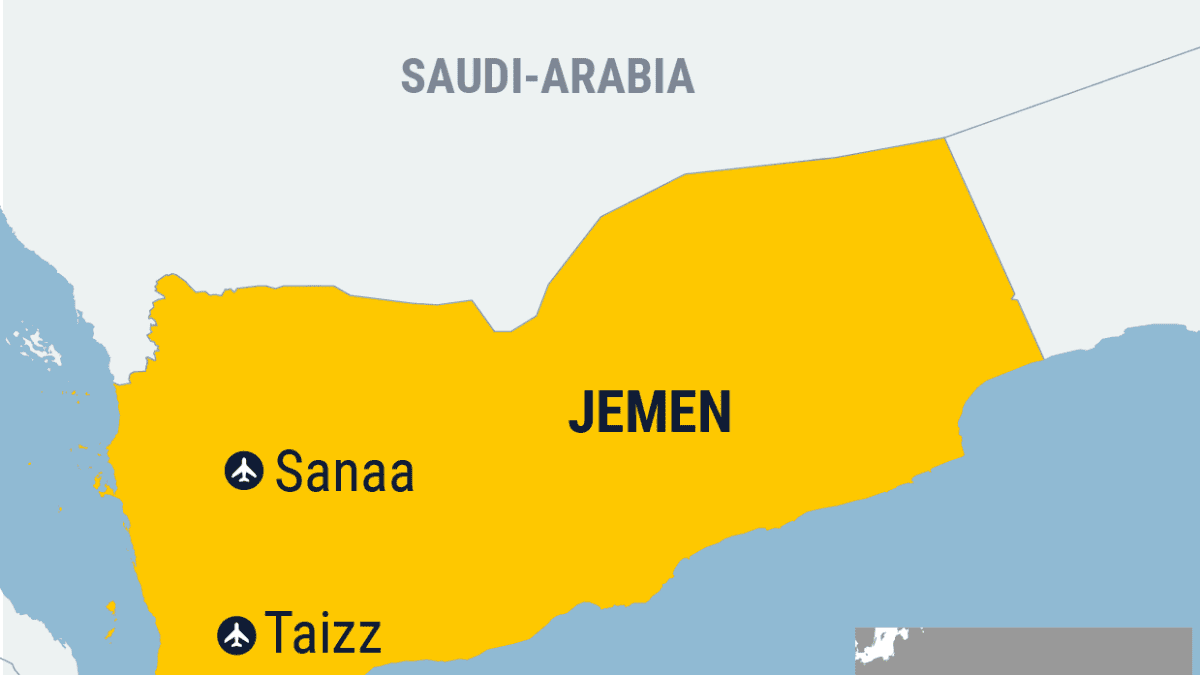 Kartta Jemenistä, jossa merkittynä kaupungit Sanaa, Taizz ja Aden.