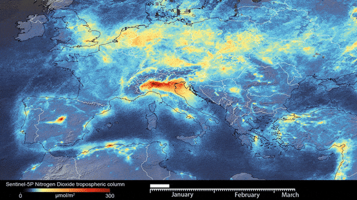 Satelliittidataa typpioksidipäästöistä Euroopassa.