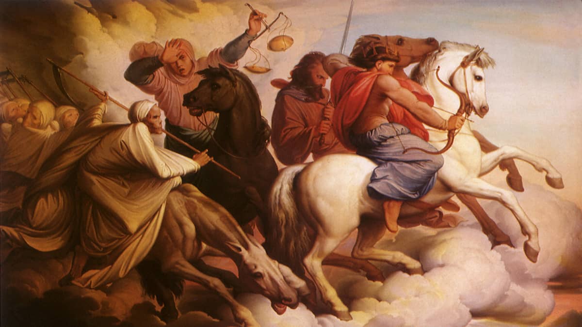 Maalaus neljästä Johanneksen ilmestyksen kuudennessa luvussa mainitusta ratsumiehestä. The Four Horsemen of the Apocalypse, Steinle, Jacob Von, 1860.