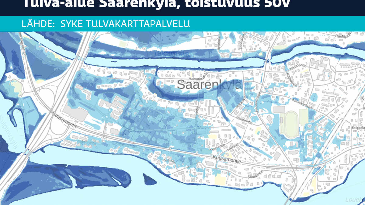 Rovaniemi Saarenkylä tulva-alue toistuvuus kerran 50 vuodessa