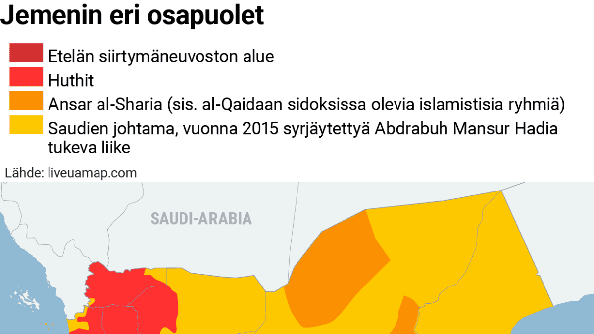 Kartta Jemenin eri osapuolista.