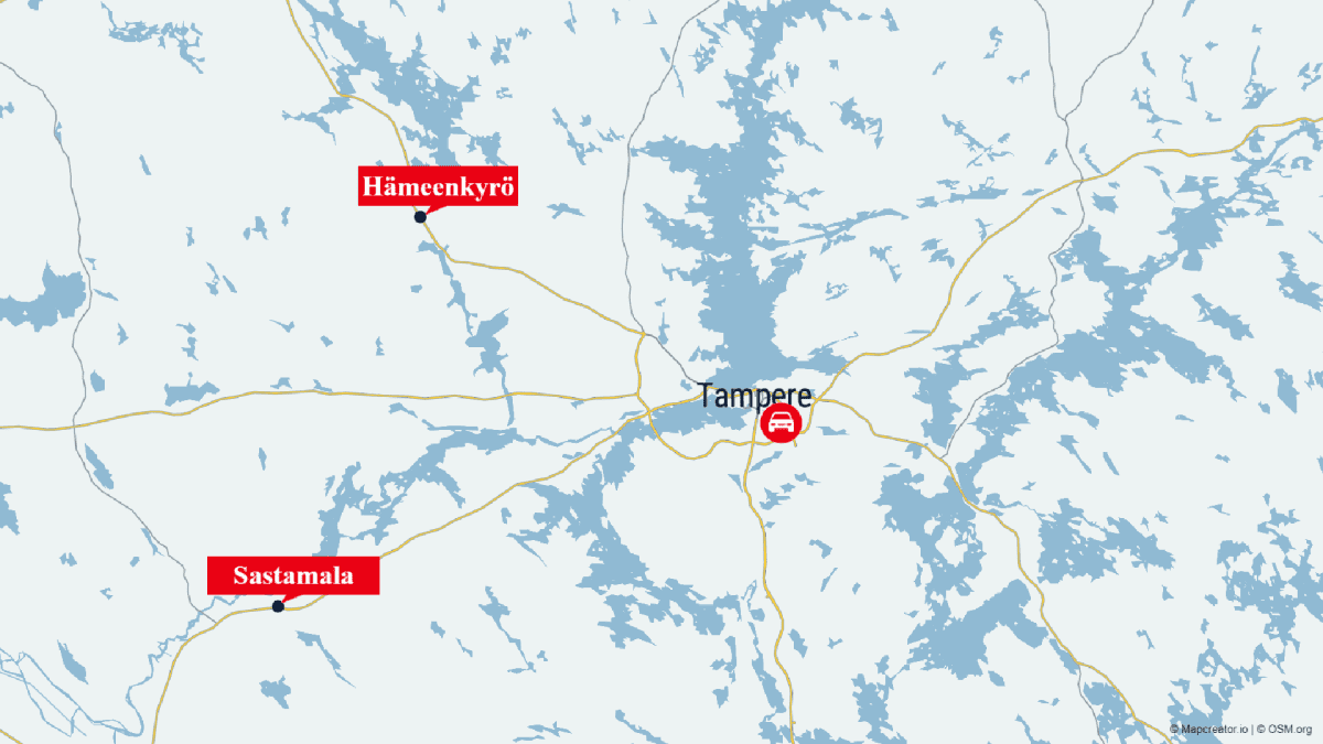 Kartta, jossa näkyy Tampere, Sastamala ja Hämeenkyrö.