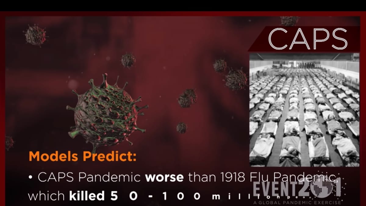 Kuvassa on kuvakaappaus kuvitteellisesta uutislähetyksestä, joka käsittelee fiktiivistä CAPS-koronavirusta.