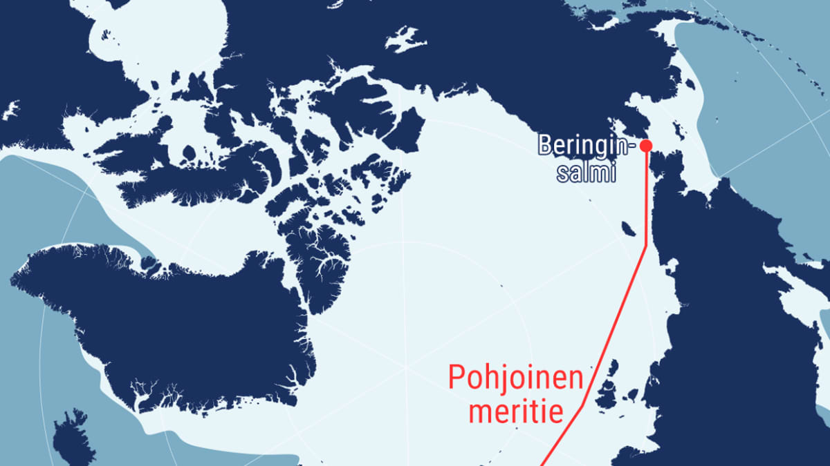 Jäätilanne ja Pohjoinen meritie kartalla Pohjoisella napa-alueella.