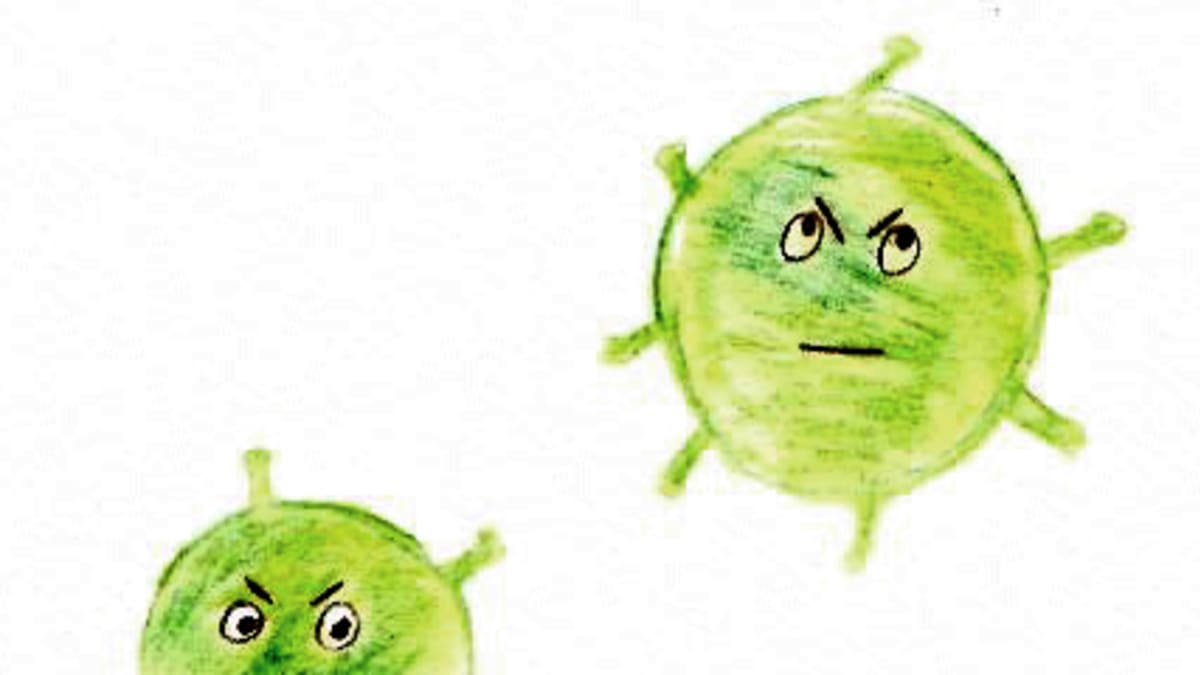 Kolme vihreätä ympyrää, joille on piirretty yrmeät kasvot ja sakaroita kuin korona-viruksella.