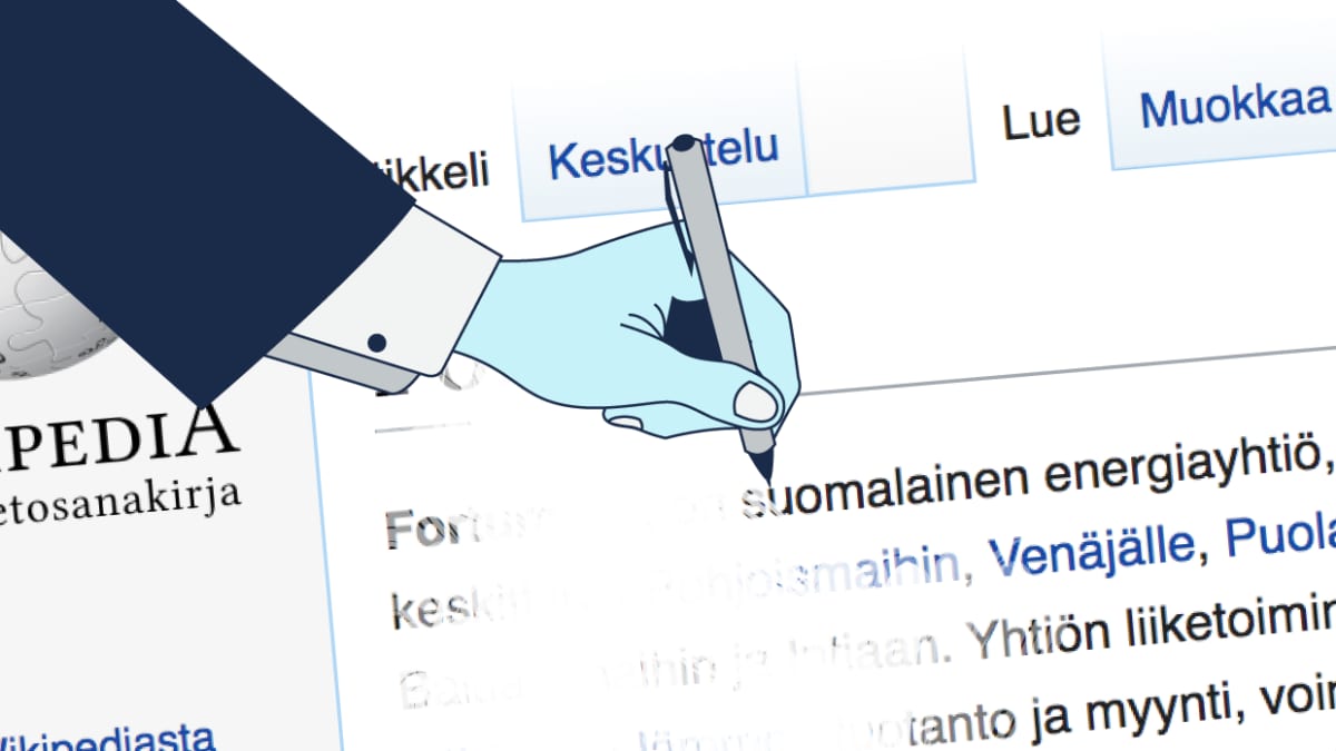 Käsi kirjoittaa kynällä Wikipedia-artikkeliin