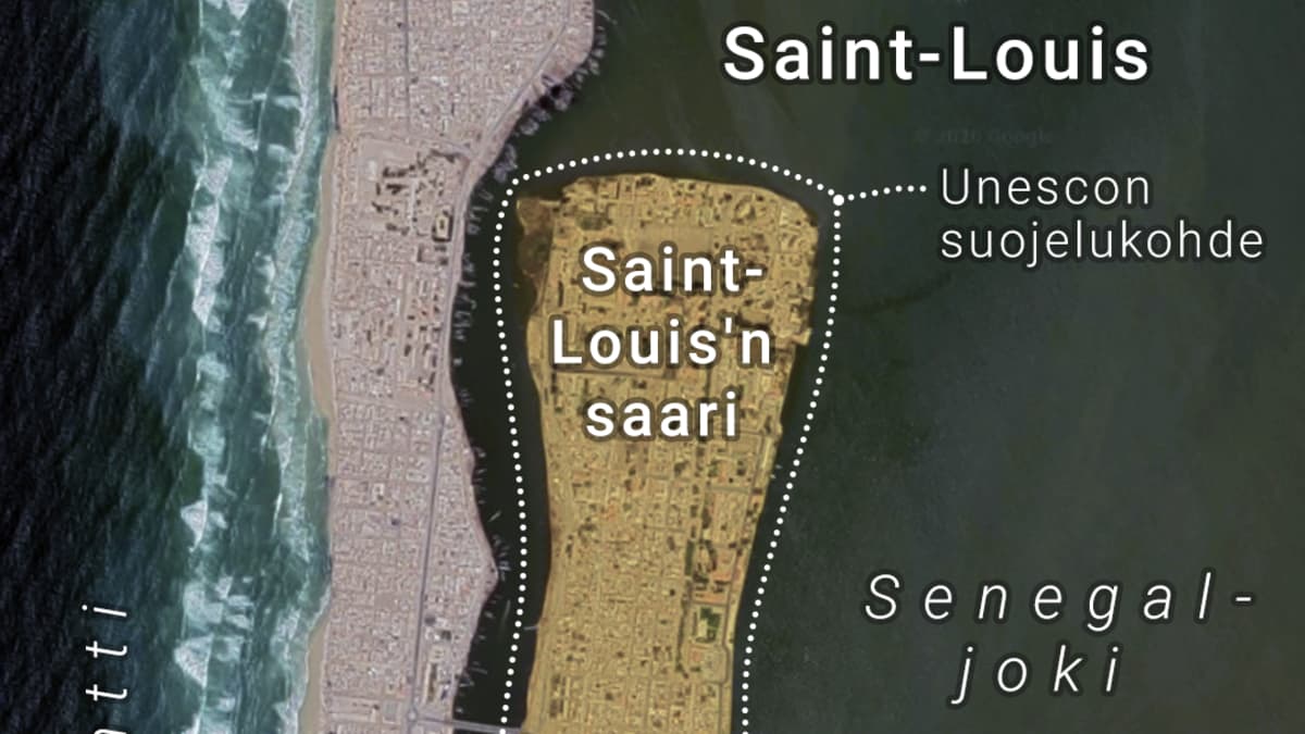 Satelliittikartta Saint-Louis'n sijainnista Senegalissa ja Senegalin sijainnista Afrikan mantereella.