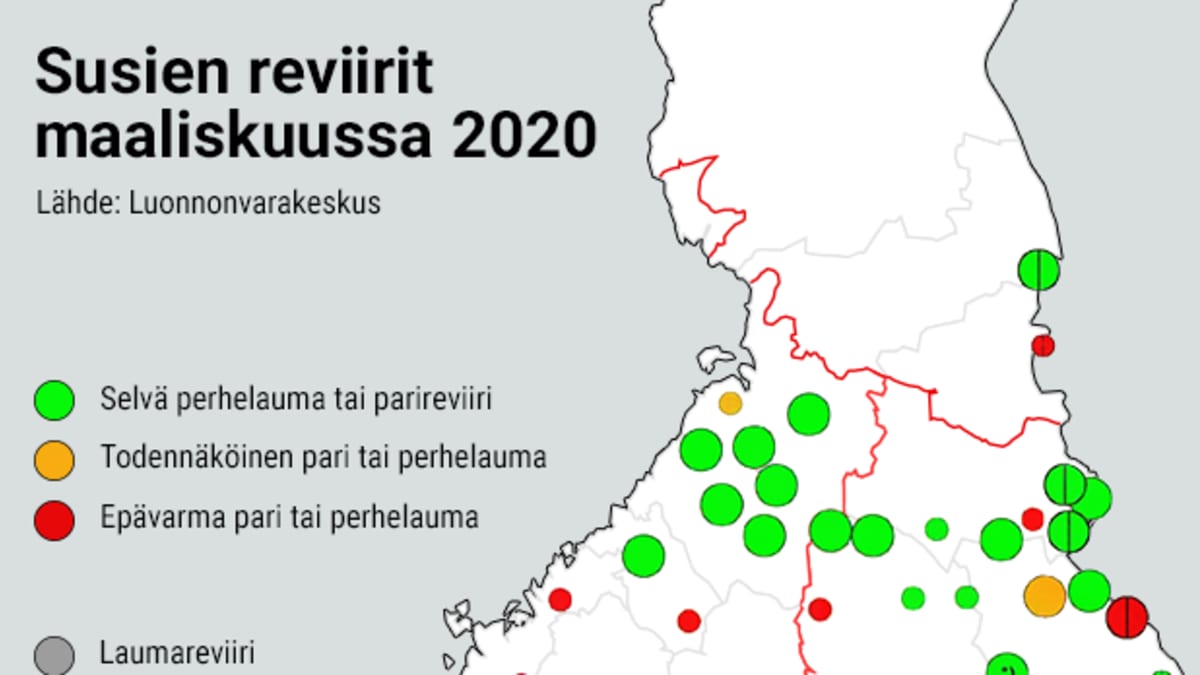 Susien reviirit kartalla maaliskuussa 2020.