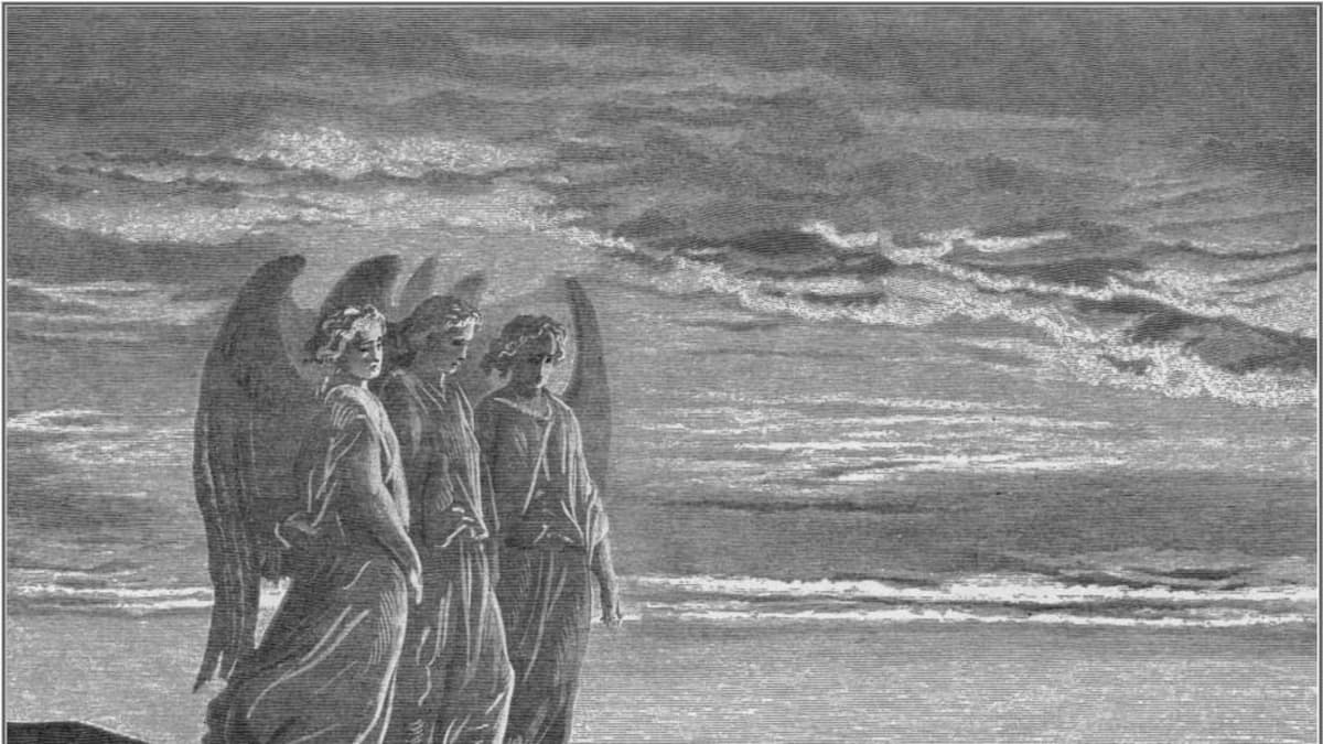 Enkeli, Gustave Doré, puupiirros,  Aabraham ja kolme enkeliä vuodelta
