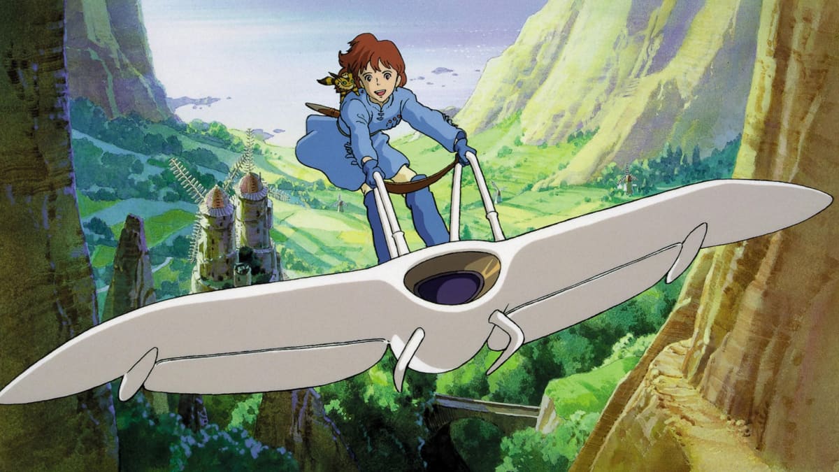 Hayao Miyazakin elokuva Tuulen laakson Nausicaä. Elokuvan päähenkilö lentää kevyellä ilma-aluksella.