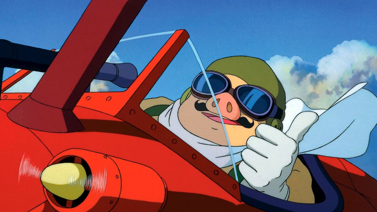 Hayao Miyazakin elokuva Porco Rosso. Elokuvan päähenkilösika lentää lentokoneella.