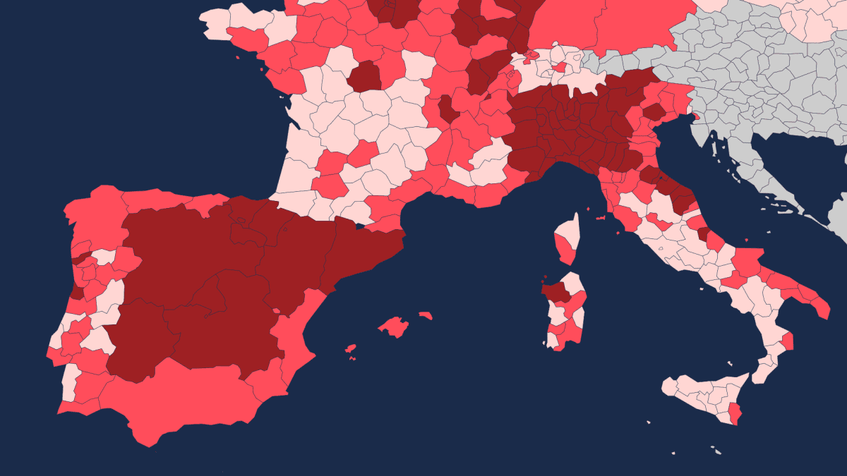 Osittainen kartta Euroopan kuolleisuudesta koronan aikana.