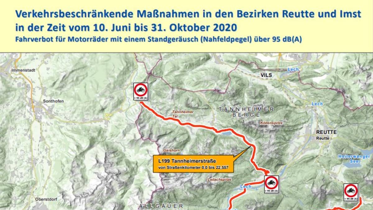 Kartta Tirolin moottoripyörärajoituksista