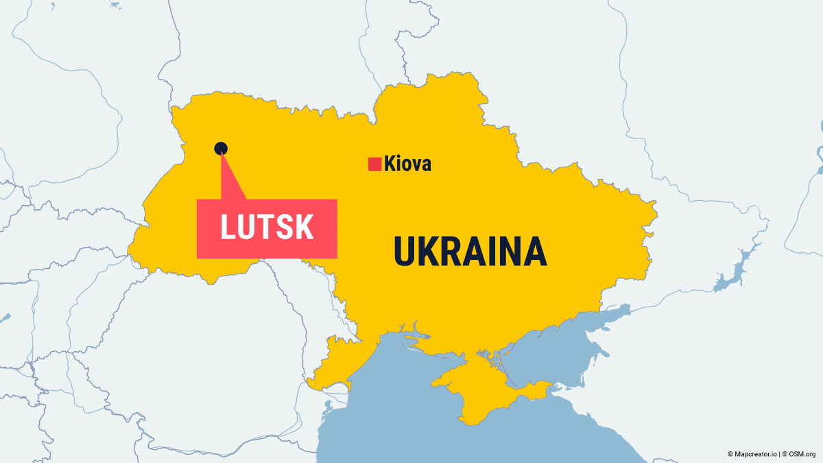 Kartta näyttää Ukrainan luoteisosassa sijaitsevan Lutskin kaupungin sijainnin.