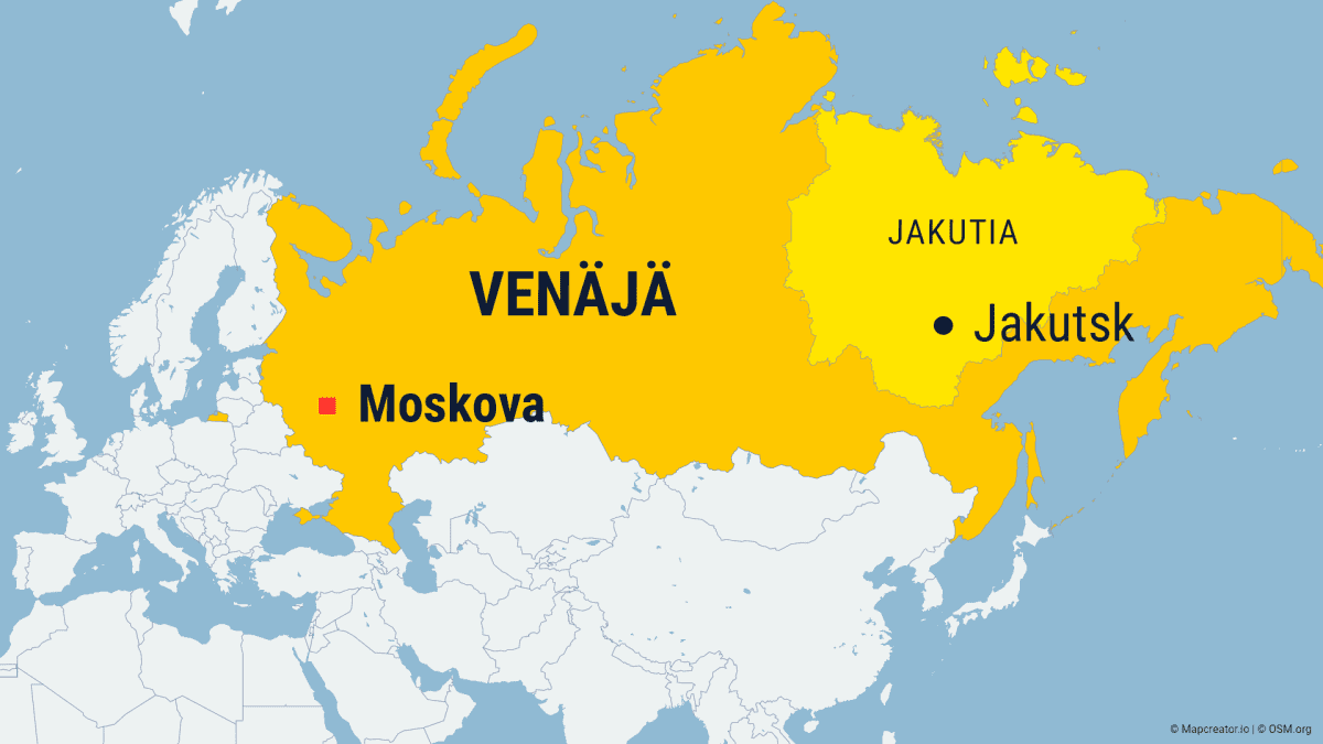 Venäjän kartta, jossa näkyy Jakutian maakunta sekä Moskovan ja Jakutskin sijainnit.