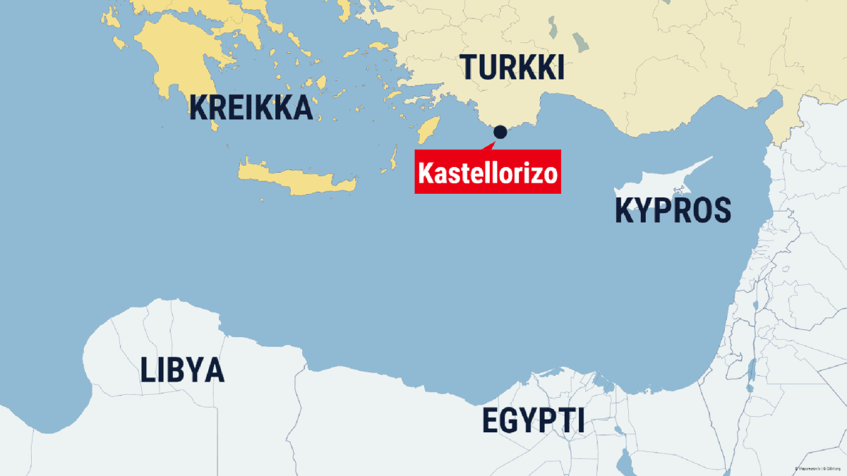Kartta, Välimeren itäosa ja Turkin rannikolla kaupunki Kastellorizo.