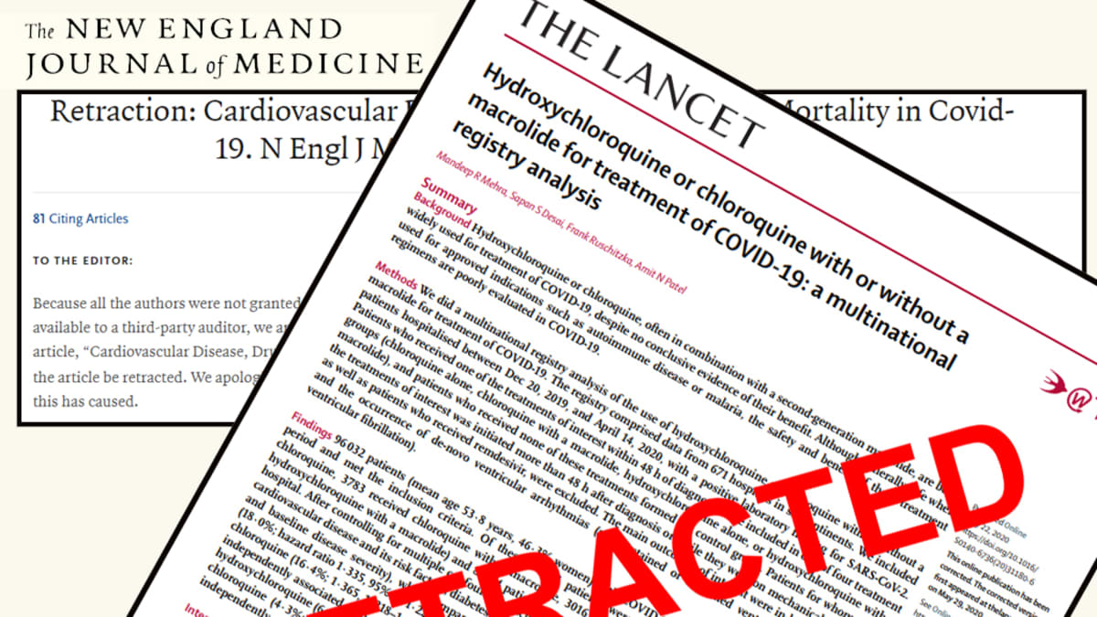 The Lancet ja The New England Journal of Medicine -lehtien ilmoitus tutkimusten perumisesesta. Päällä iso punanen leima "retracted" eli vedetty takaisin.