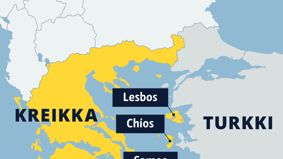Turkin rannikon tuntumassa sijaitsevat Kreikan Lesbos-, Chíos-, Samos-, Leros- ja Kos-saaret kartalla.
