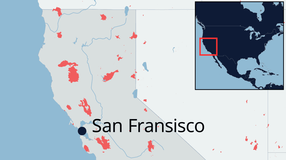 Kalifornian maastopalot merkittynä kartalle.