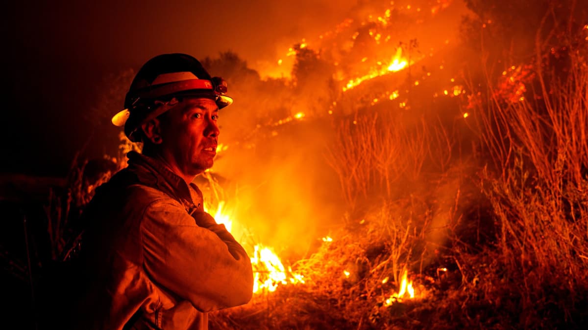 Palomies katselee palavaa maastoa Monrovia Canyon Parkissa Kaliforniassa.