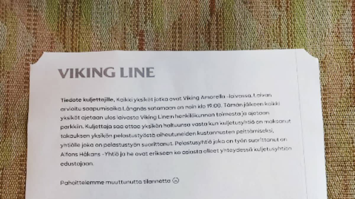 Kuvassa on Viking Linen kirje Amorellalla olevien ajoneuvojen kuljettajille. 