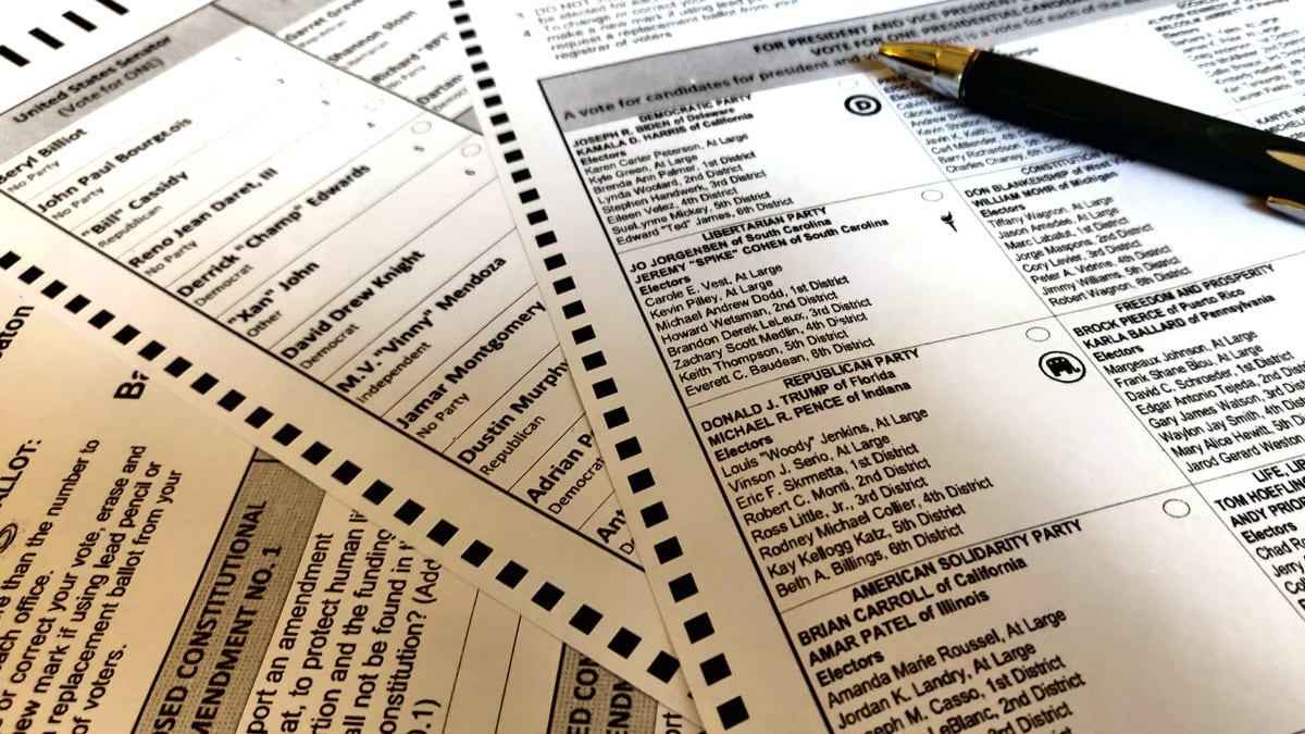 Sample absentee voting ballot for US state of Louisiana, November 2020 elections.