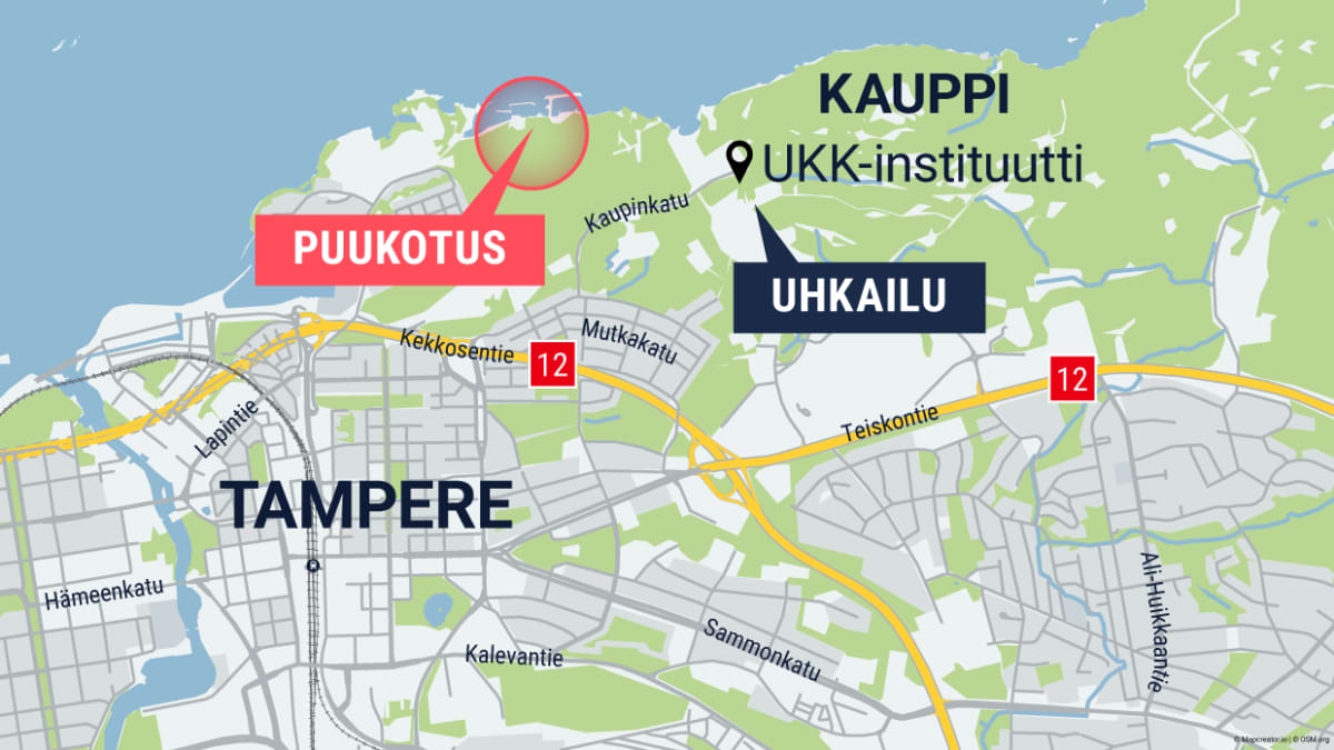 Kuvassa on puukotuksen tapahtumapaikka Tampereen kartalla