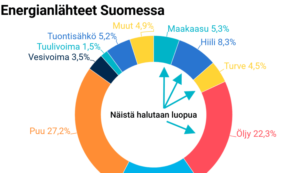 Energiankulutus sektoreittain Suomessa vuonna 2018. Suurimmat puu 27,2%, öljy 22,3%, ydinvoima 17,3%, hiili 8,3%, maakaasu 5,3%, turve 4,5%.