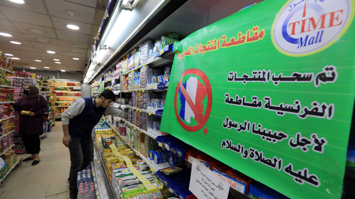 A spot of French products is covered with a placard reading in Arabic 'French products are being boycotted for the sake of the Prophet Muhammad peace upon him', in a supermarket in Amman, Jordan, 26 October 2020. Many people in Jordan called on social media for the boycott of French products as a show of support for Muslims Prophet Muhammad two day before the celebration of the Prophet birthday Mawlid Nabawi on 29 October. The protest call comes amid rising tension in response to French President Macron’s comments following the recent beheading of a teacher in France after he had shown cartoons of the Prophet Muhammad in class. Macron vowed his country would not give up publishing such cartoons EPA-EFE/STR
↑