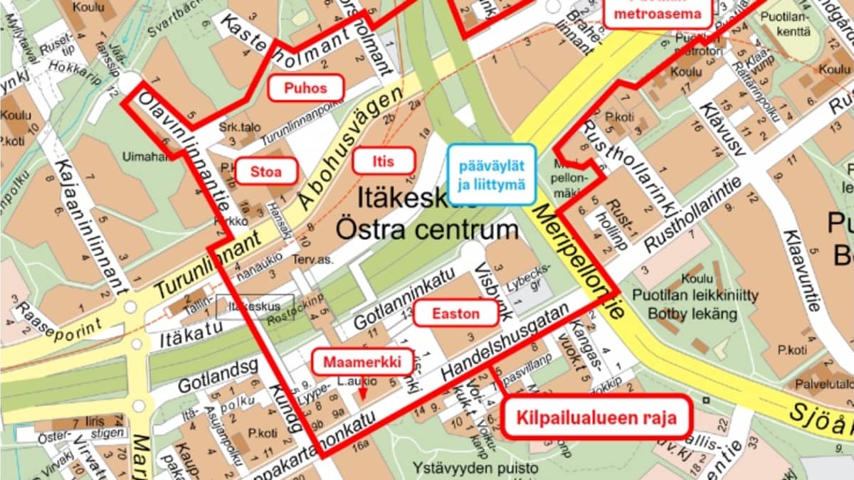 Karttakuva Itä-Helsingistä, johon on merkattu alueen ideakilpailun kilpailualue.