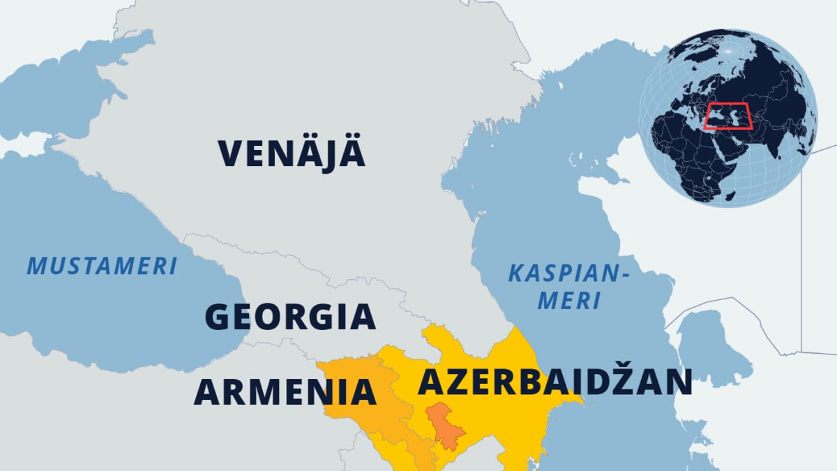 Kartta Azerbaidžanin ja Armenian sijainnista.