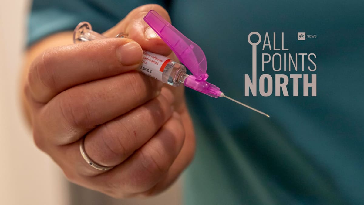 Yle News' All Points North podcast logo featuring photo of influenza vaccine. 