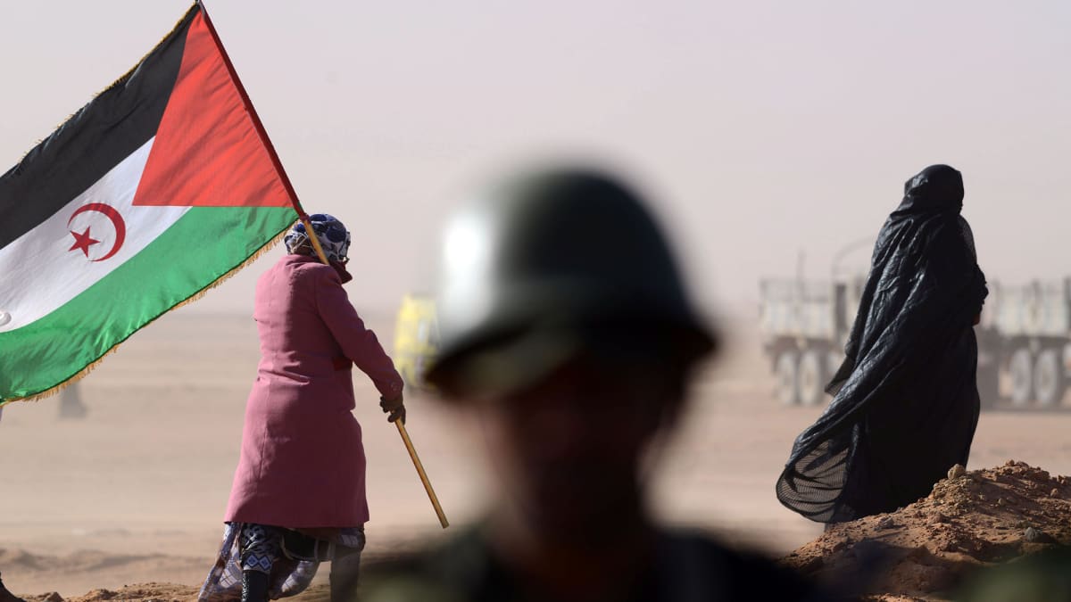 Nainen pitää Polisarion lippua kiistetyllä alueella länsi Saharassa