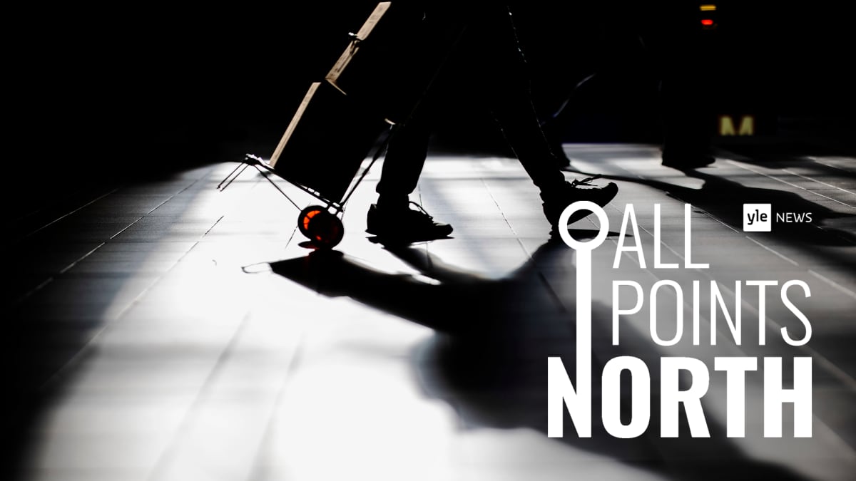 Yle News' All Points North podcast logo featuring a file photo taken in Helsinki city centre, October 2020.