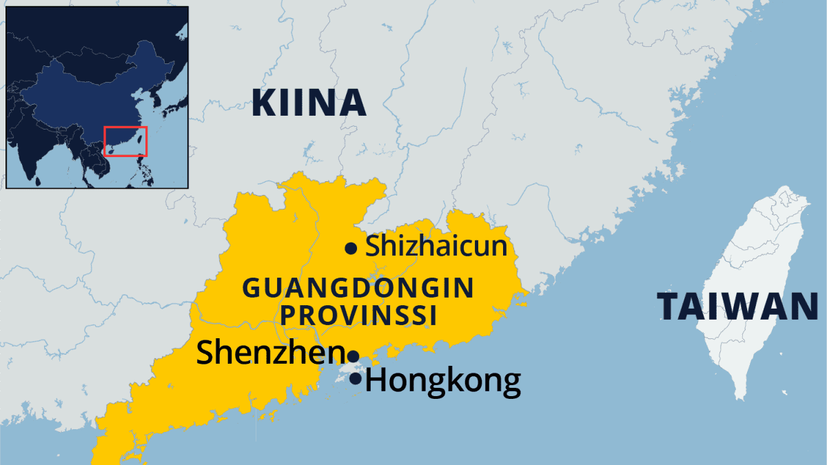 Kartta Shizhaicunin kylästä Guangdongin provinssissa Kiinassa.