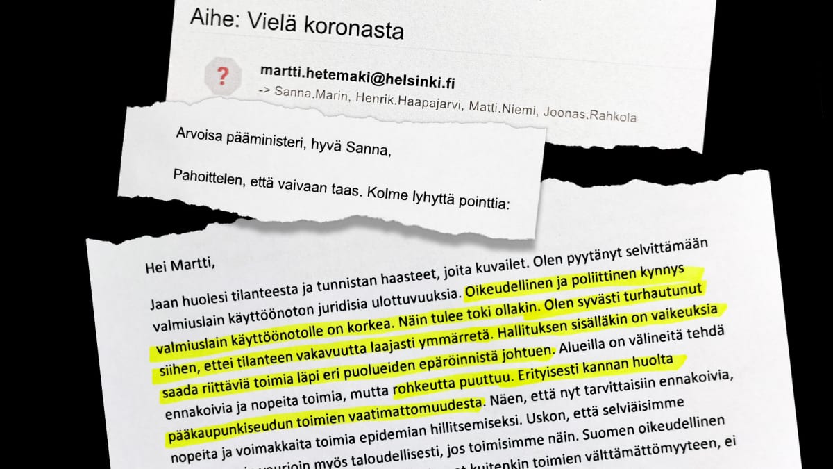 Revinnäisiä Martti Hetemäen ja Sanna Marinin välisistä sähköpostiviesteistä.