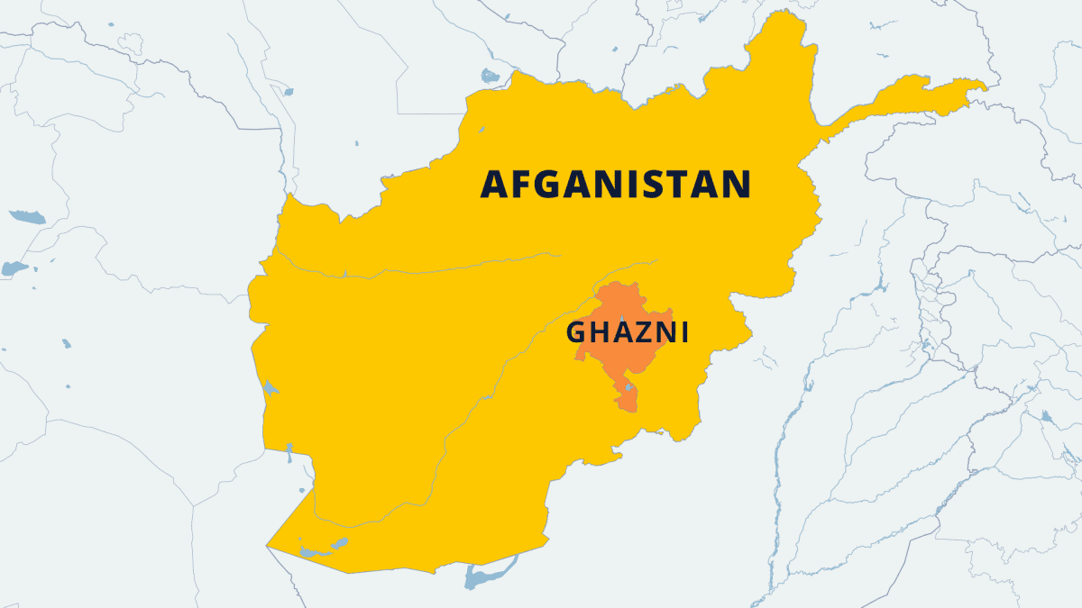 Afganistanin kartta jossa näkyy Ghzanin maakunnan sijainti.