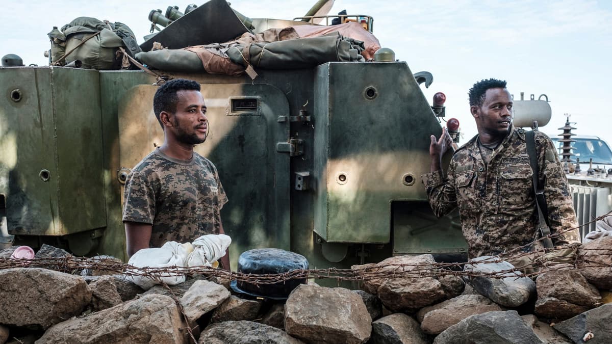 Etiopialaisia sotilaita tukikohdassa Danshassa.