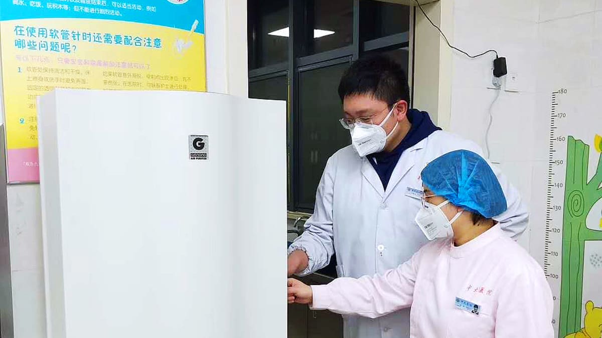 Espoolaisen terveysteknologiayritys Genanon ilmanpuhdistajia vietiin Kiinan Wuhaniin koronaepidemian aikaan helmikuussa 2020.