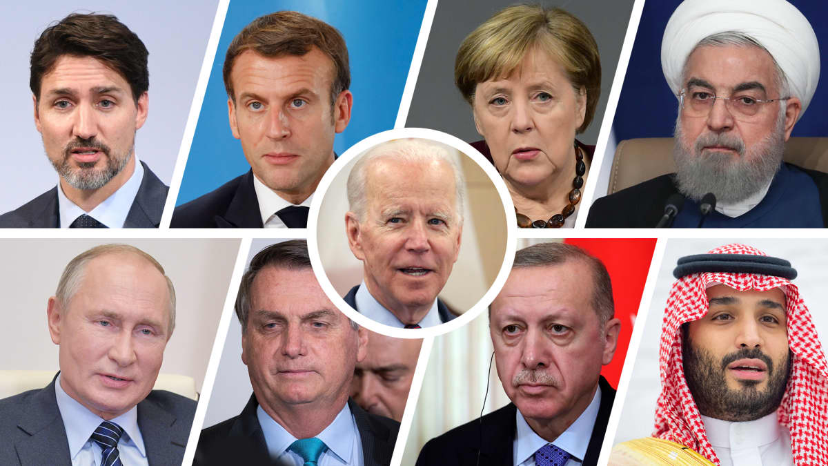 Joe Biden, Justin Trudeau, Emmanuel Macron, Angela Merkel, Hassan Rouhani, Vladimir Putin, Jair Bolsonaro, Recep Tayyip Erdogan ja Mohammed bin Salman